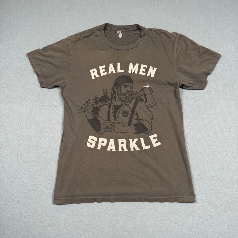 Real Men Sparkle T-Shirt Men Small Brown Cotton Graphic Tee Lumberjack Axe Funny